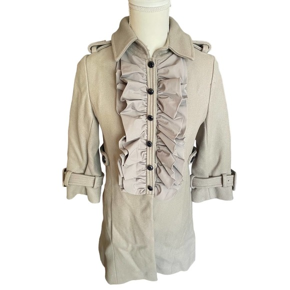 Anthropologie Manoush Womens Button Front Ruffle Wool Coat Jacket Size 2 Gray - Picture 2 of 9